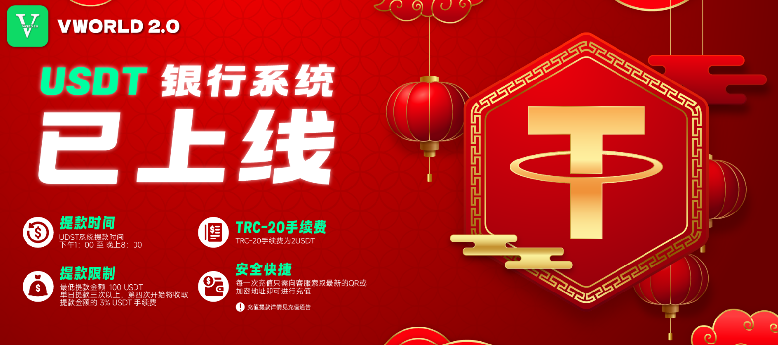 USDT banking system launch with TRC20 support on VWorld 2.0