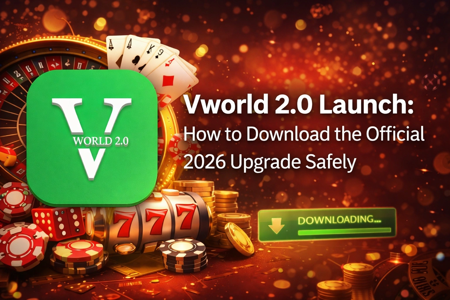 Vworld 2.0 launch banner showing official 2026 upgrade and download guide for online casino platform