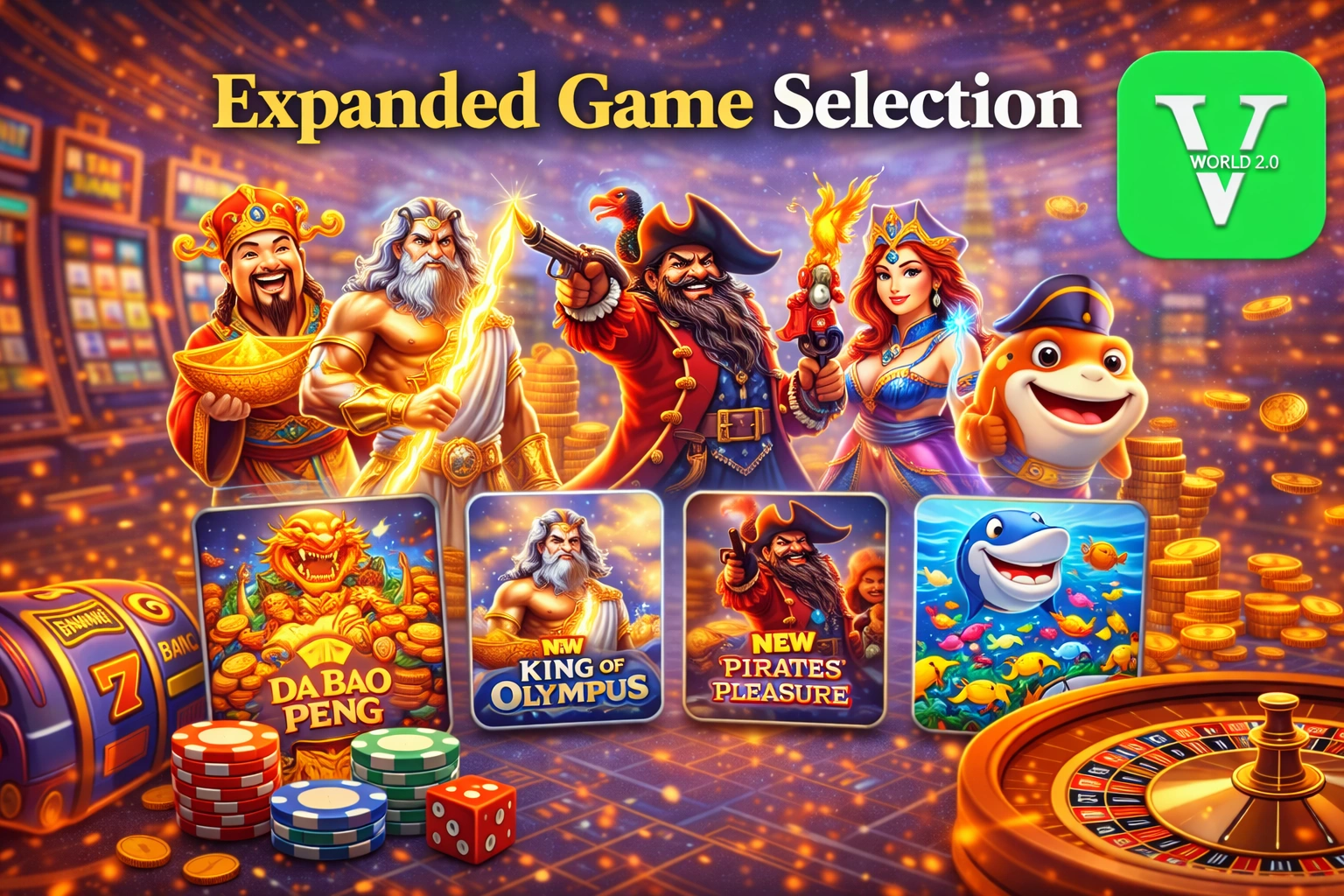 Vworld 2.0 expanded game selection including slots live casino and fishing games