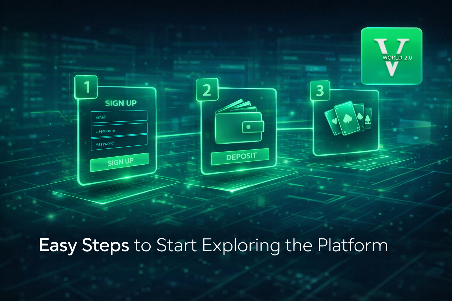 Vworld 2.0 step-by-step guide showing sign up deposit and start playing process