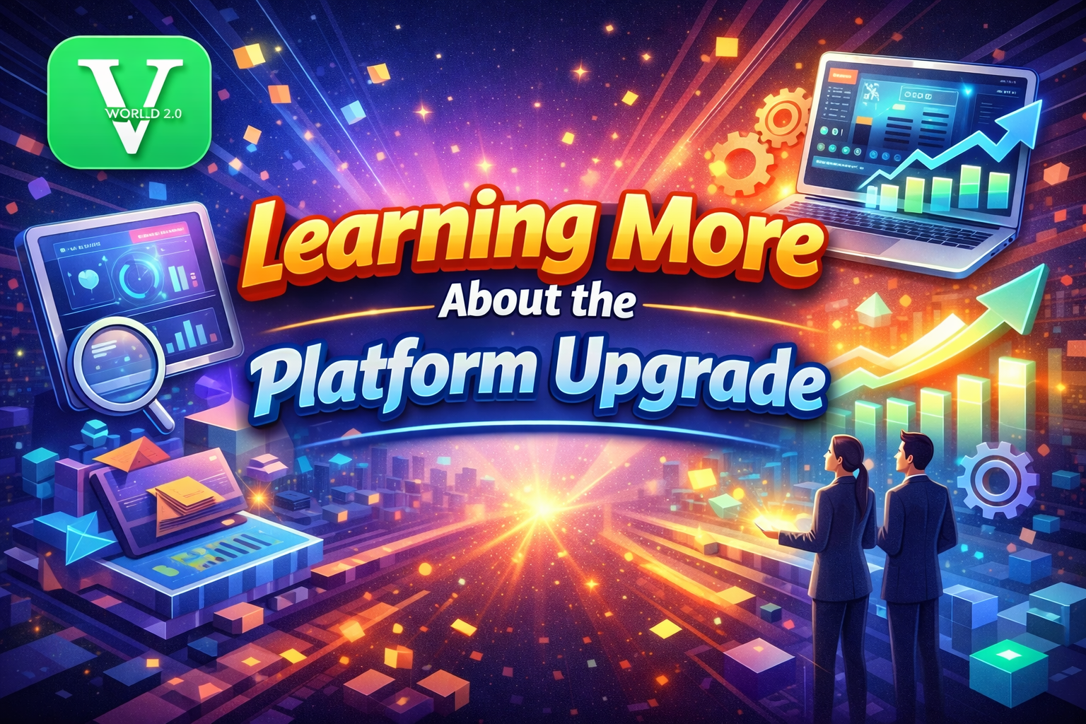 Vworld 2.0 platform upgrade concept showing digital growth analytics and system improvement