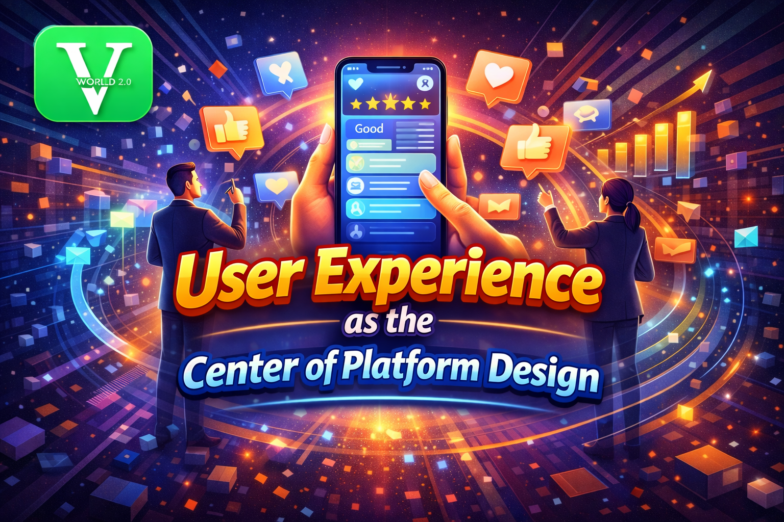 Vworld 2.0 user experience design concept showing mobile interaction and platform engagement