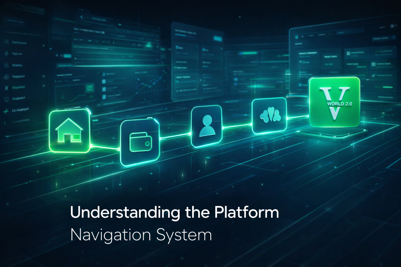 Vworld 2.0 platform navigation system showing key sections like home, wallet, account, and platform features