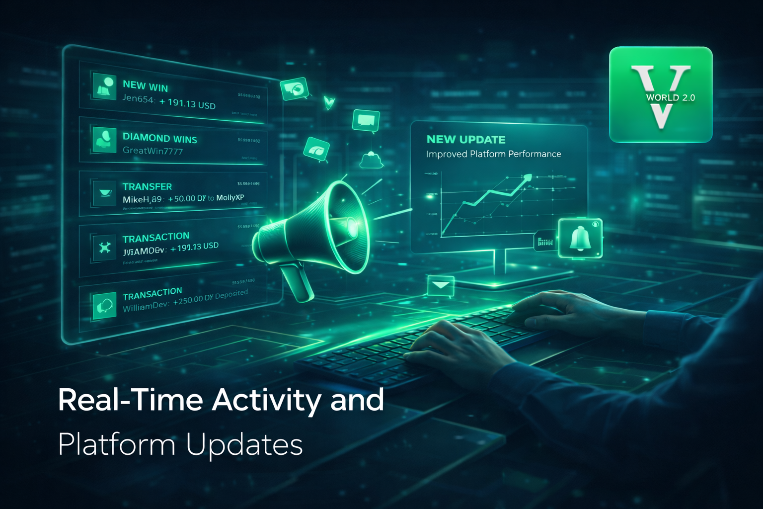 Vworld 2.0 real-time platform activity dashboard displaying user notifications and system updates