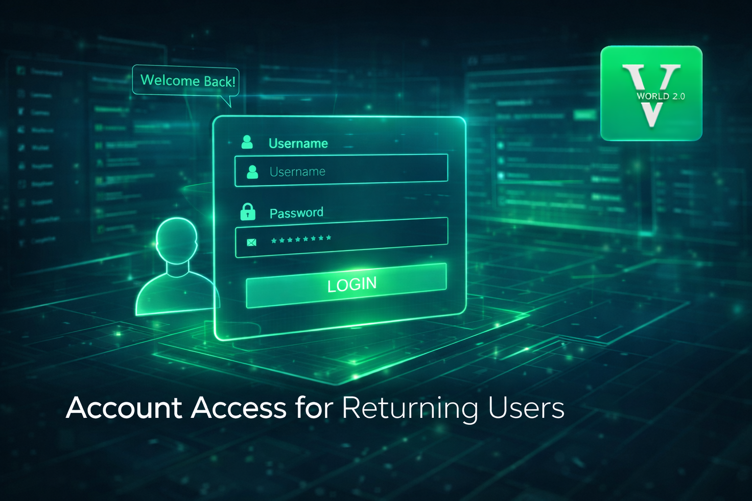 Vworld 2.0 login interface for returning users with secure account access and authentication system