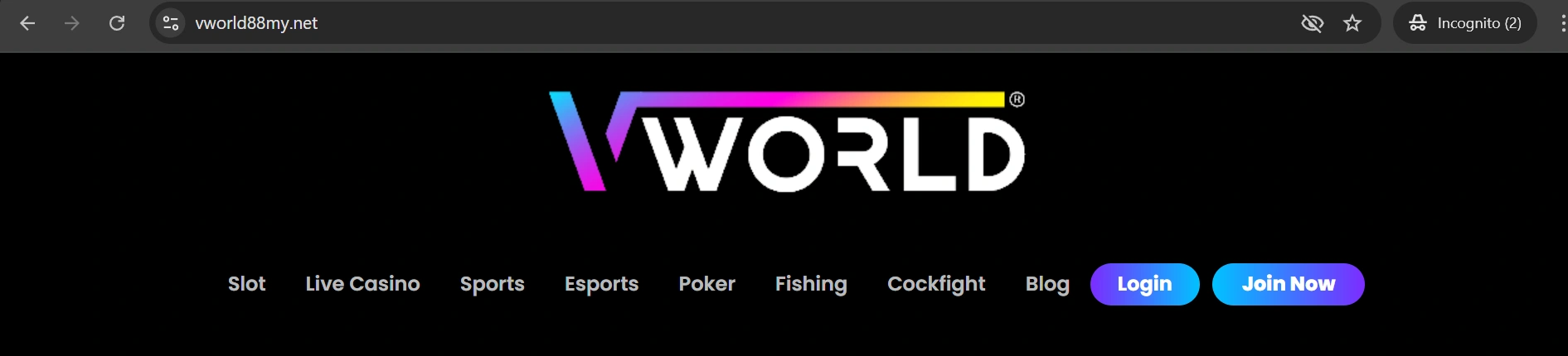 Vworld official website homepage navigation menu showing slot, live casino, sports, esports, poker, fishing and blog sections