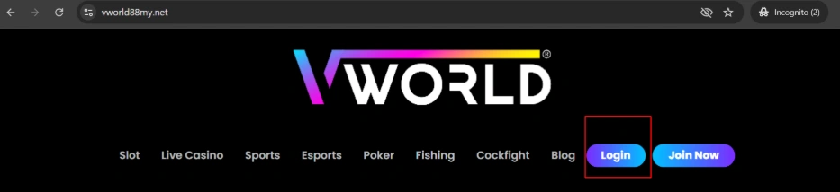 Vworld login button located on the homepage navigation menu