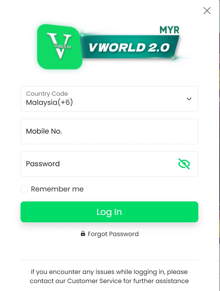 Vworld 2.0 login page interface with mobile number and password fields