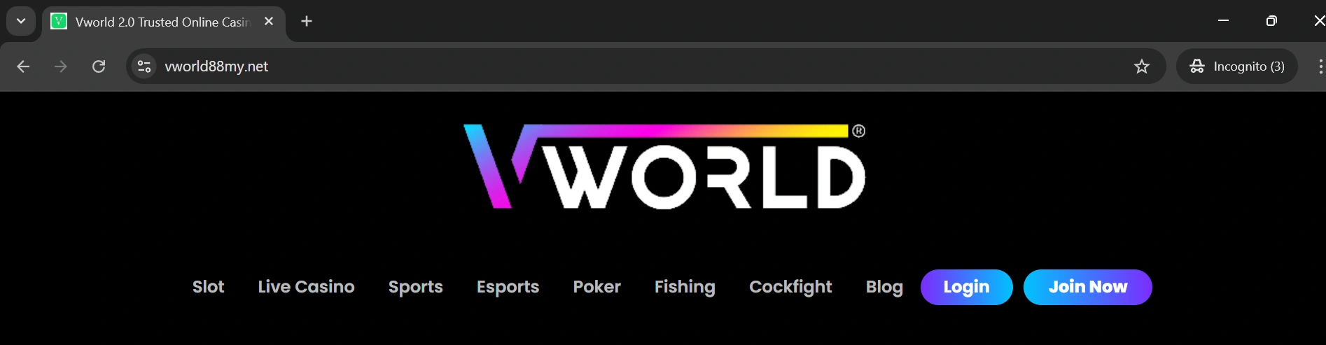 Vworld official website homepage showing gaming categories and navigation menu