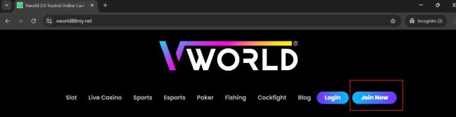 Vworld register button join now located on the homepage navigation bar