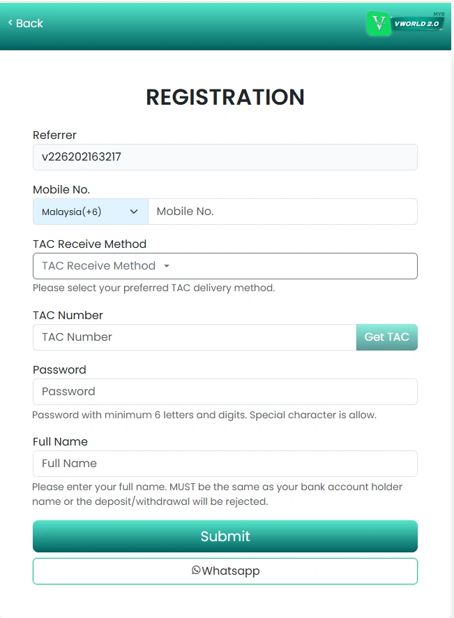 Vworld 2.0 registration page with mobile number TAC verification and password setup