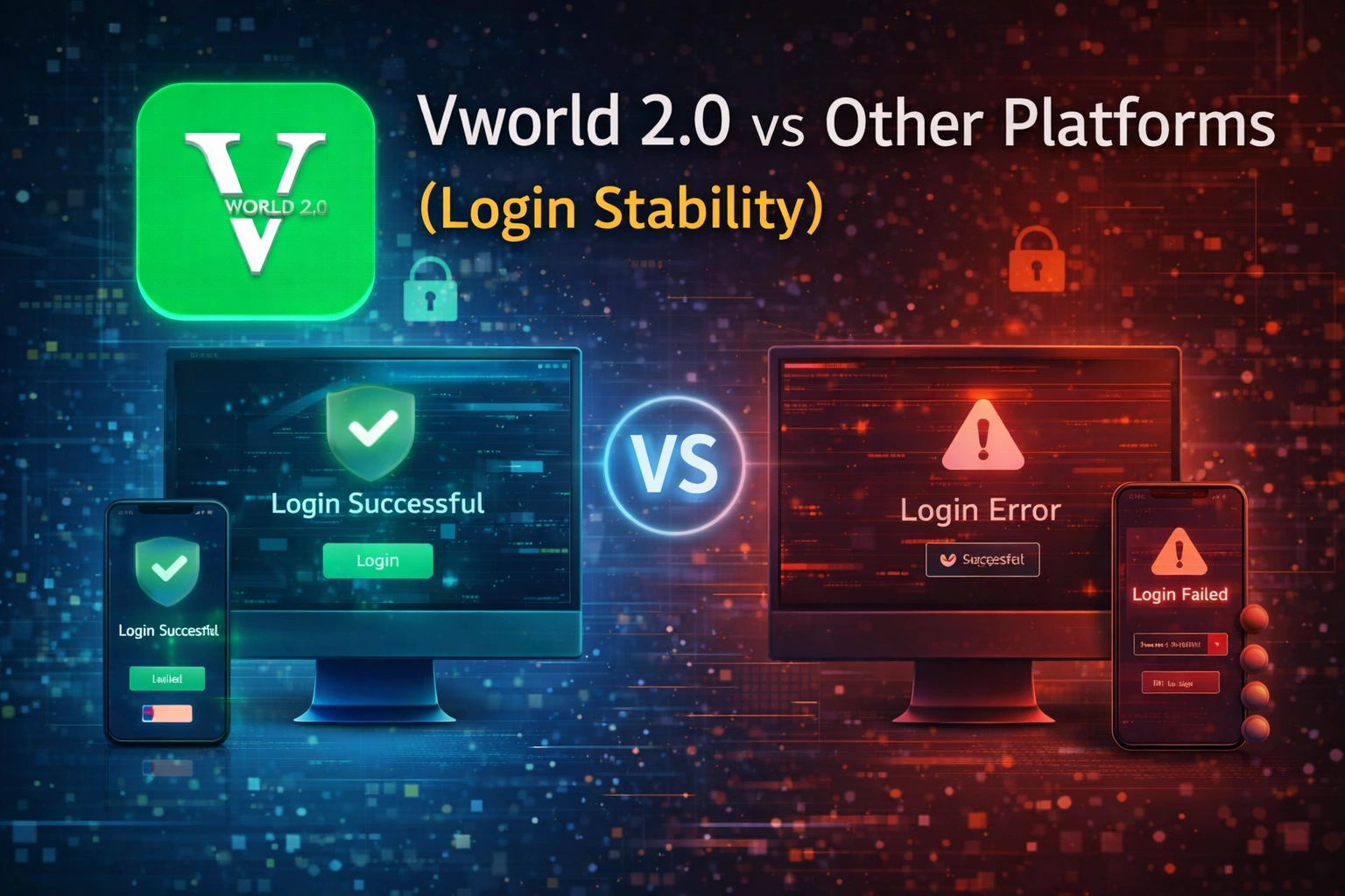 Vworld 2.0 vs other platforms login stability comparison success vs error screen