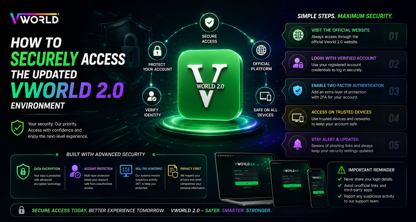 Vworld 2.0 secure access guide banner showing safe login methods and protected mobile gaming environment