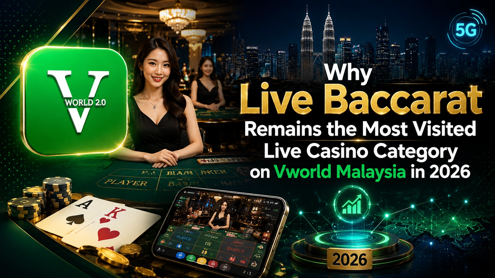 Why Live Baccarat Remains the Most Visited Live Casino Category on Vworld Malaysia in 2026 featuring mobile gaming, live dealer interaction, Kuala Lumpur skyline, and Vworld 2.0 accessibility