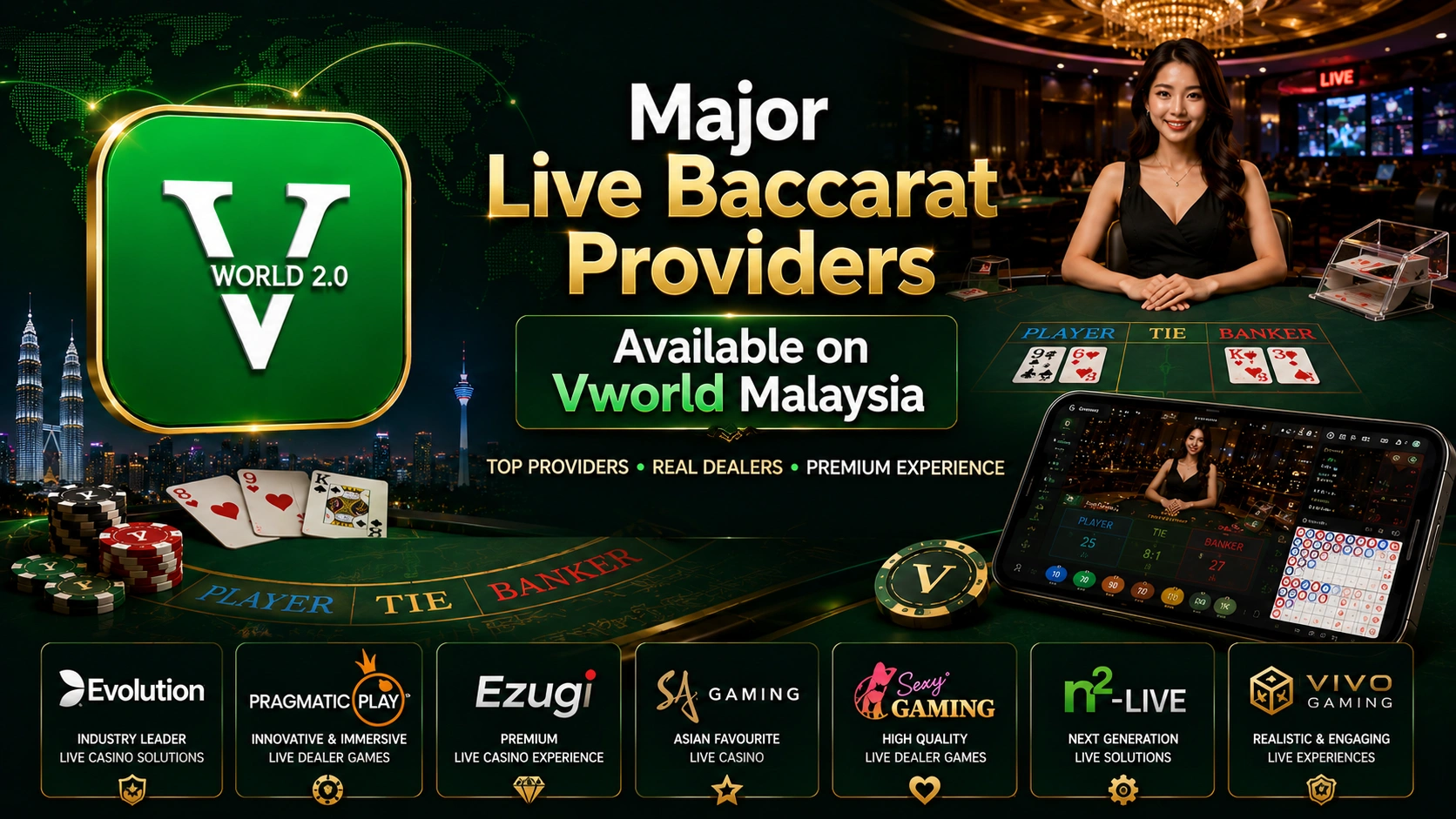 Major live baccarat providers available on Vworld Malaysia including Evolution, Pragmatic Play Live, Ezugi, SA Gaming, Sexy Gaming, N2 Live, and Vivo Gaming