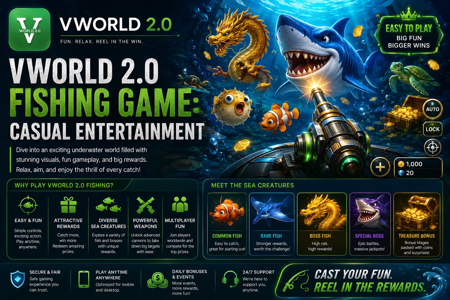 Vworld 2.0 fishing game featuring underwater entertainment and casual gameplay.