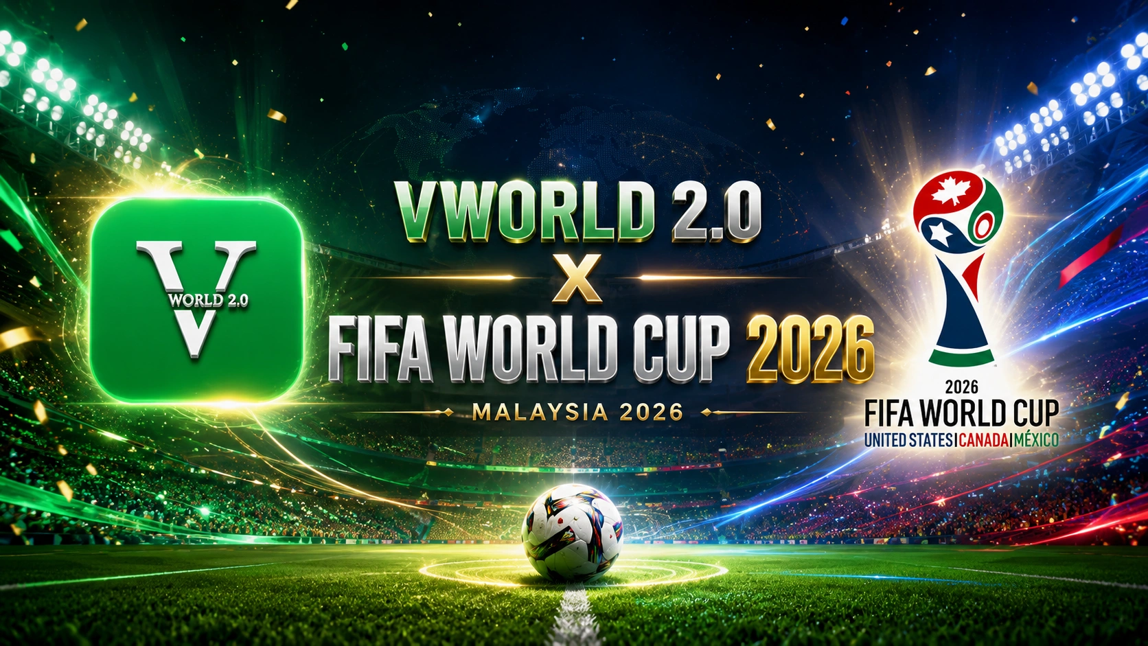 Vworld 2.0 x FIFA World Cup 2026 banner featuring a football stadium, championship atmosphere, and World Cup 2026 branding
